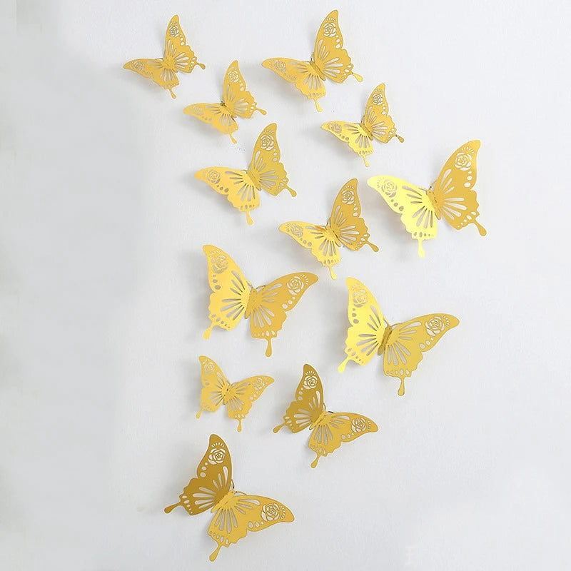 12/24/48Pcs 8cm 3D Butterfly Wall Stickers Gold Butterfly Decorations for Butterfly Birthday Party Cake Room Window Garden Decor