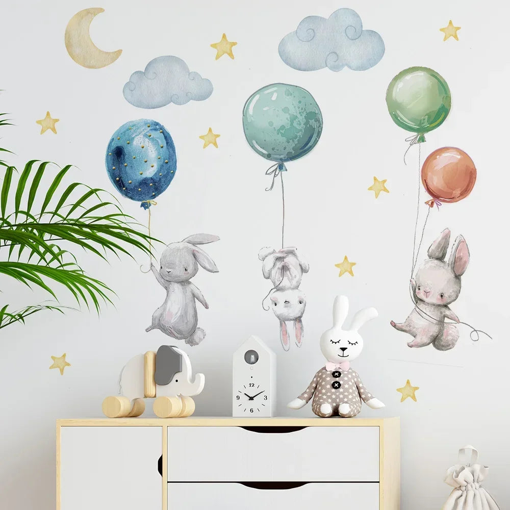 Flying Rabbits Wall Stickers Cute Lovely For Kids Balloons Moon Star Cloud Removable Decal Nursery Baby Room Decor Poster Mural