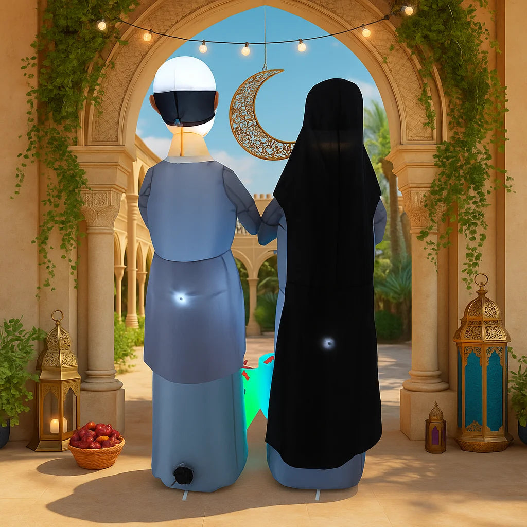 6FT Ramadan Muslim Themed Inflatable Praying Figure Decor Blue Outfit Crescent Lantern Islamic Ramadan Inflatable For Yard