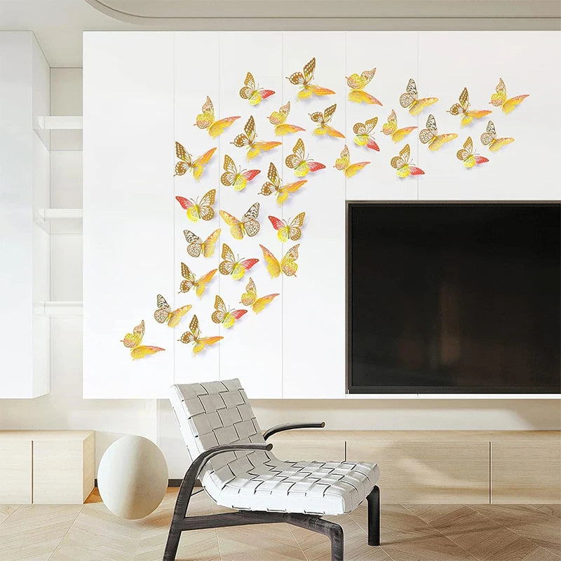 12/24/48Pcs 8cm 3D Butterfly Wall Stickers Gold Butterfly Decorations for Butterfly Birthday Party Cake Room Window Garden Decor