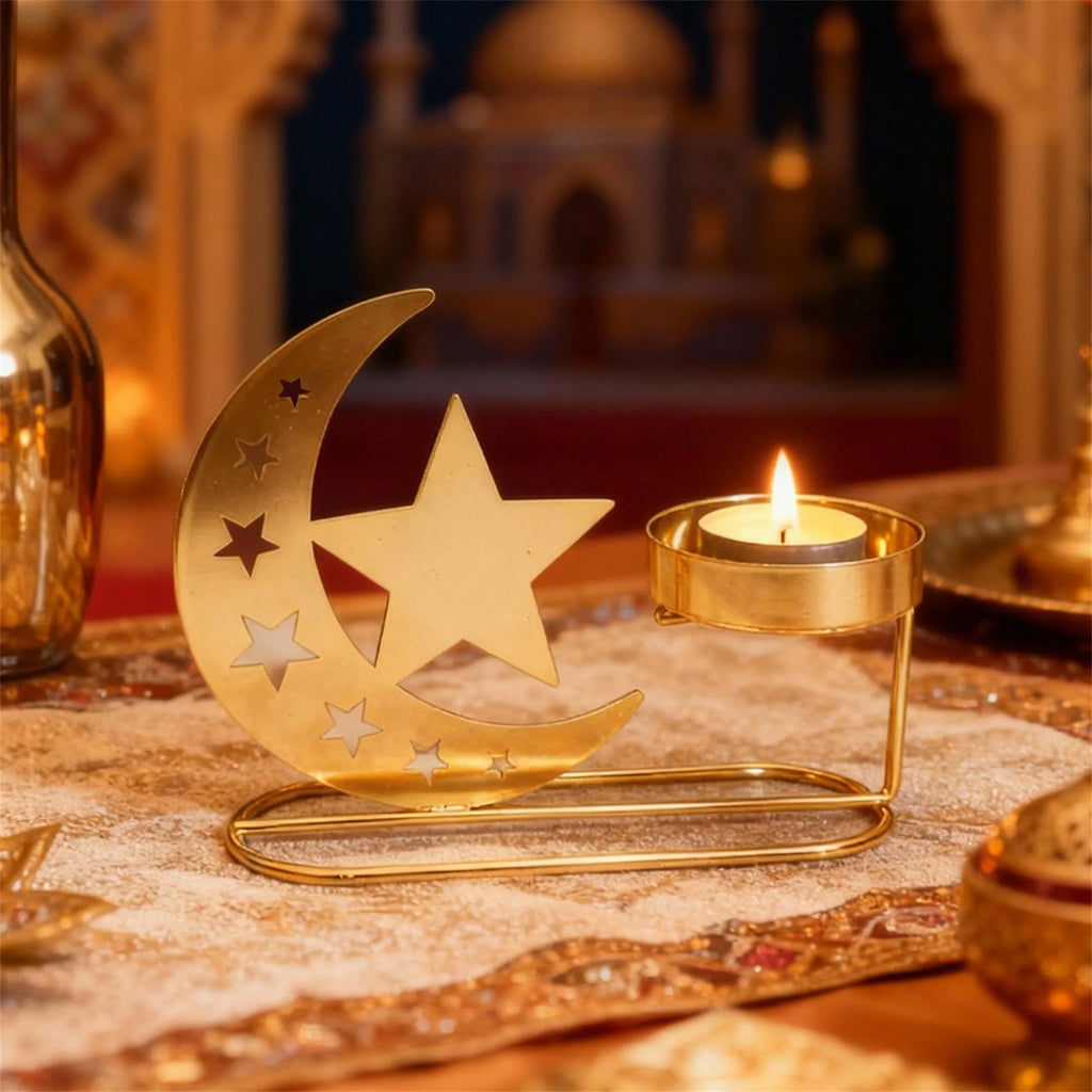 Elegant Ramadan Crescent Moon Candle Holders Set with Eid Mubarak Table Centerpiece for Home Decor and Festive Patio Display