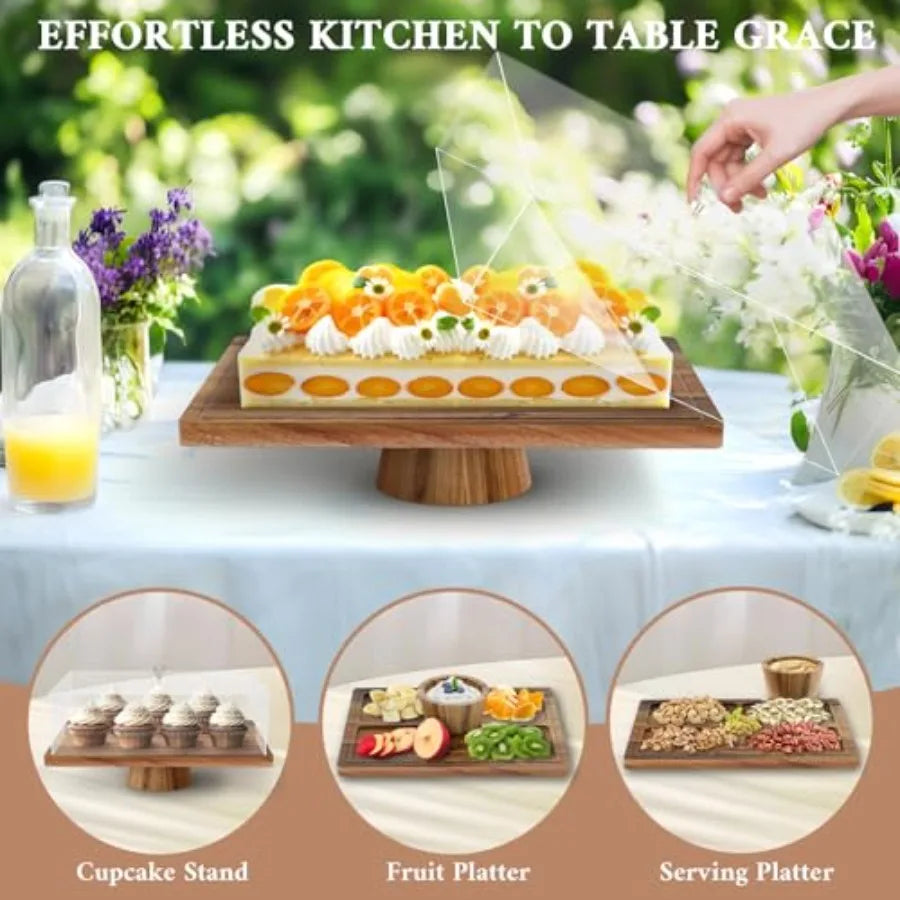 Acacia Wood Cake Stand with Lid, 3 in 1 Rectangular Cake Holder, Wooden Cake Plate with Strong lagnetic Base, Dessert Table Disp