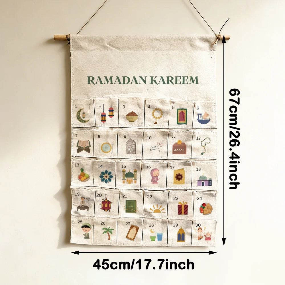 Ramadan Kareem Countdown Calendar with 30 Pockets – Eid Mubarak Family Decor 2026