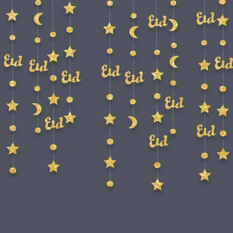 Gold Eid Mubarak Ramadan Decor Paper Star Moon Circle Dot Crescent Lamp Garland for Home Muslim Party Backdrop Banner Decoration