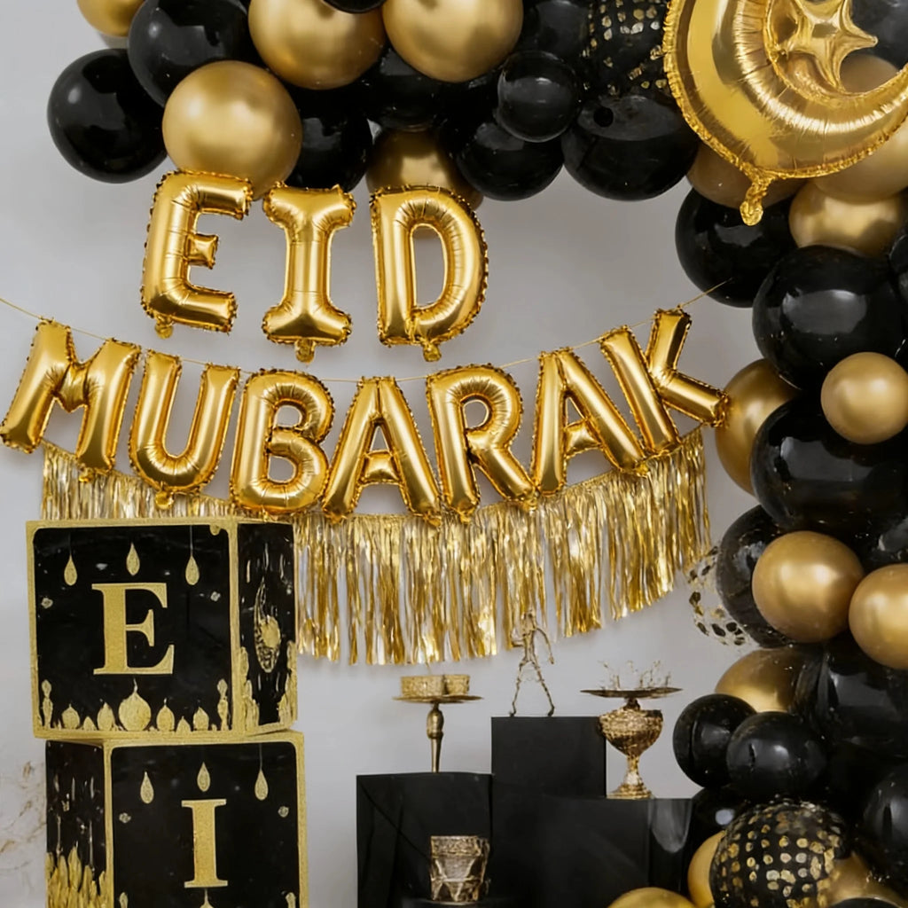 72-Piece Eid Balloon Arch Kit - Black and Gold Moon and Star Balloons, Festive Ramadan Decorations, Suitable for Muslim Party Backdrops