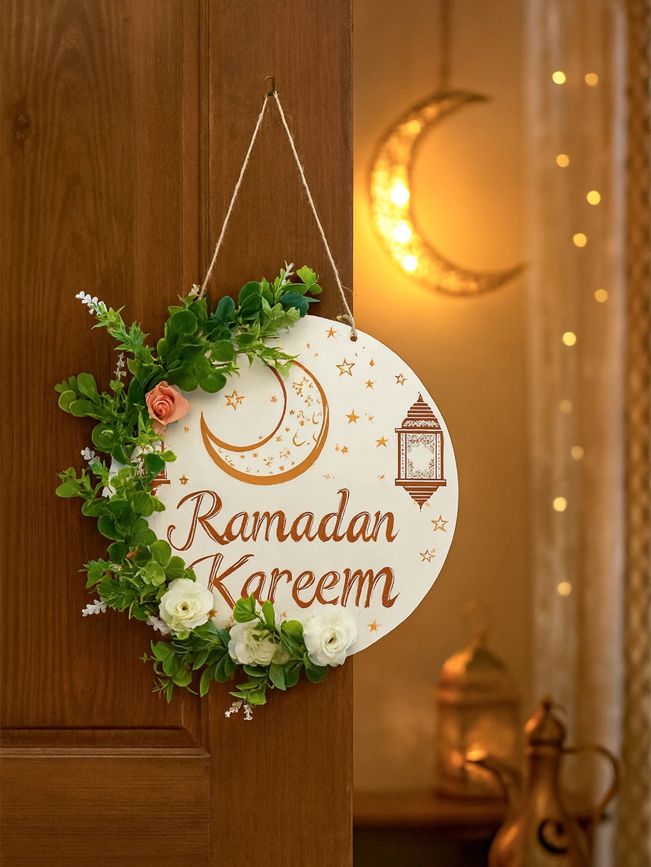 Ramadan Kareem Hanging Door Sign Floral Decor with Moon Star Lantern Design Islamic Festive Decorations for Home & Outdoor Gift
