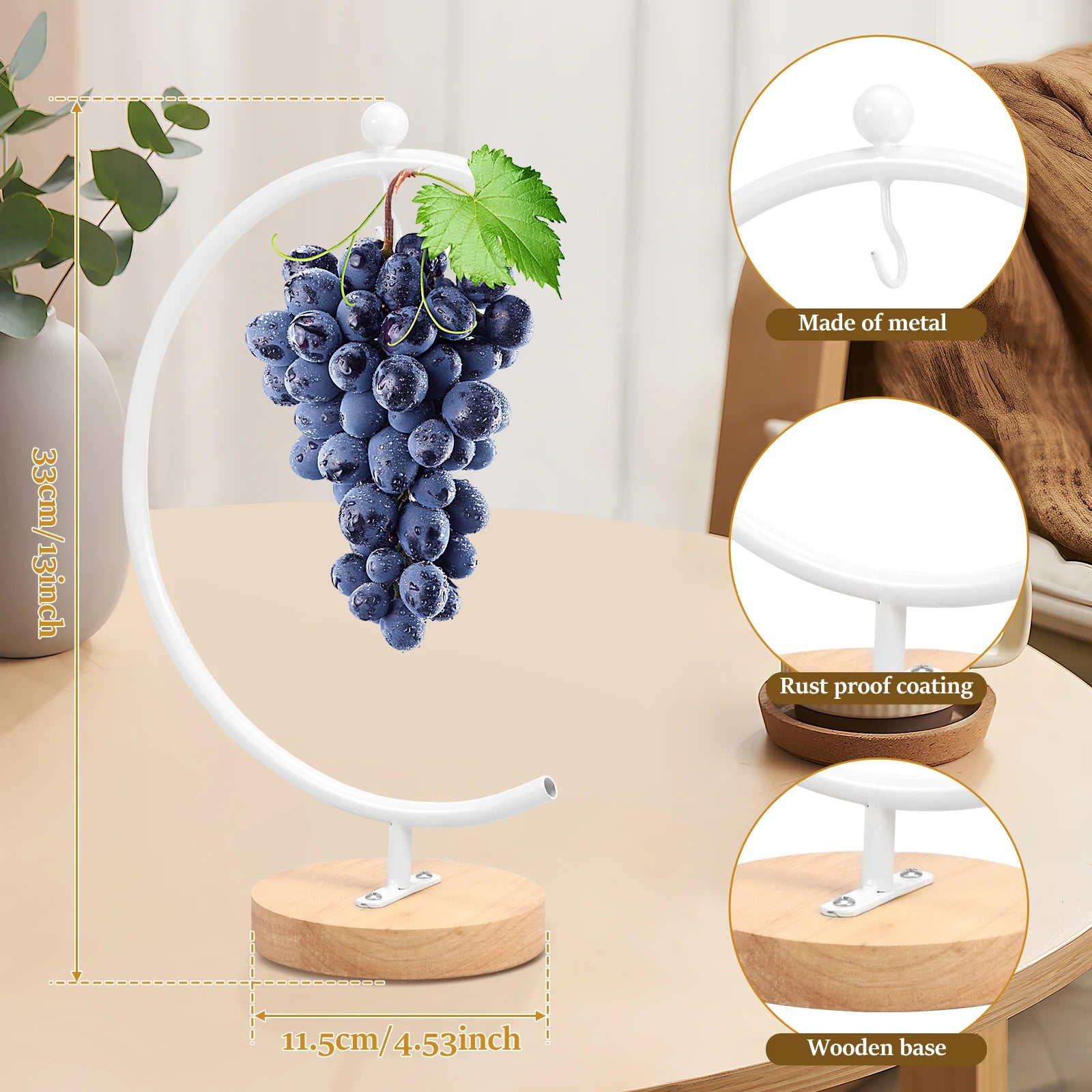 Banana Holder Stand Moon Shape Banana Hanger Rack Metal Fruit Hanger with Wood Base Stable Banana Hanger Stand Decorative