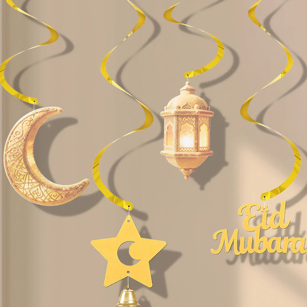 Ramadan Eid Mubarak Party Backdrop Decoration Spiral Banner Moon Star Lights Hanging Decor