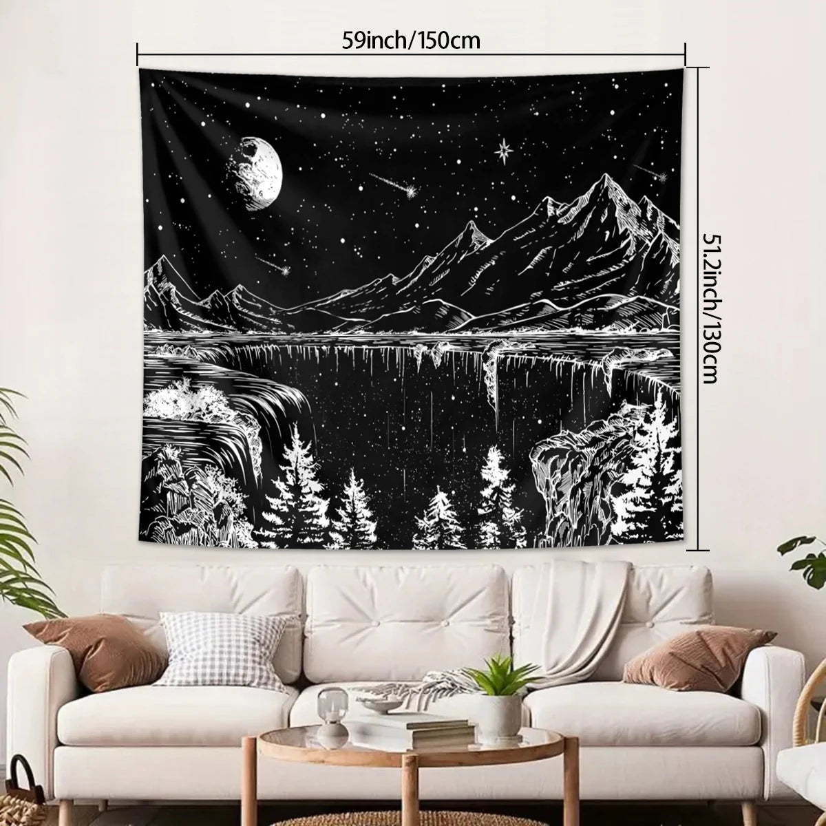 1pc Black and white abstract landscape tapestry, starry night mountain tapestry, bedroom aesthetic moon and star tapestry