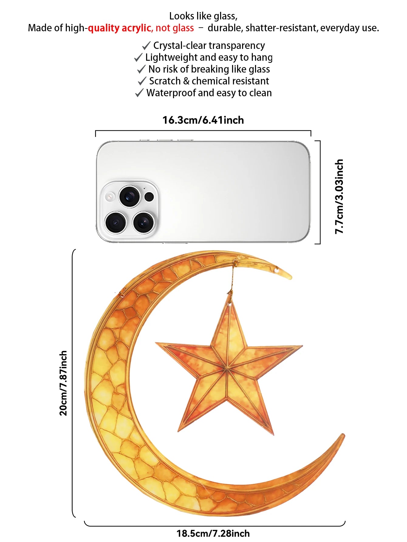 Islamic Moon Star Lantern Hanging Decor - Acrylic Eid Mubarak Ornament for Ramadan Kareem Muslim Festival Home Window Wall Decor
