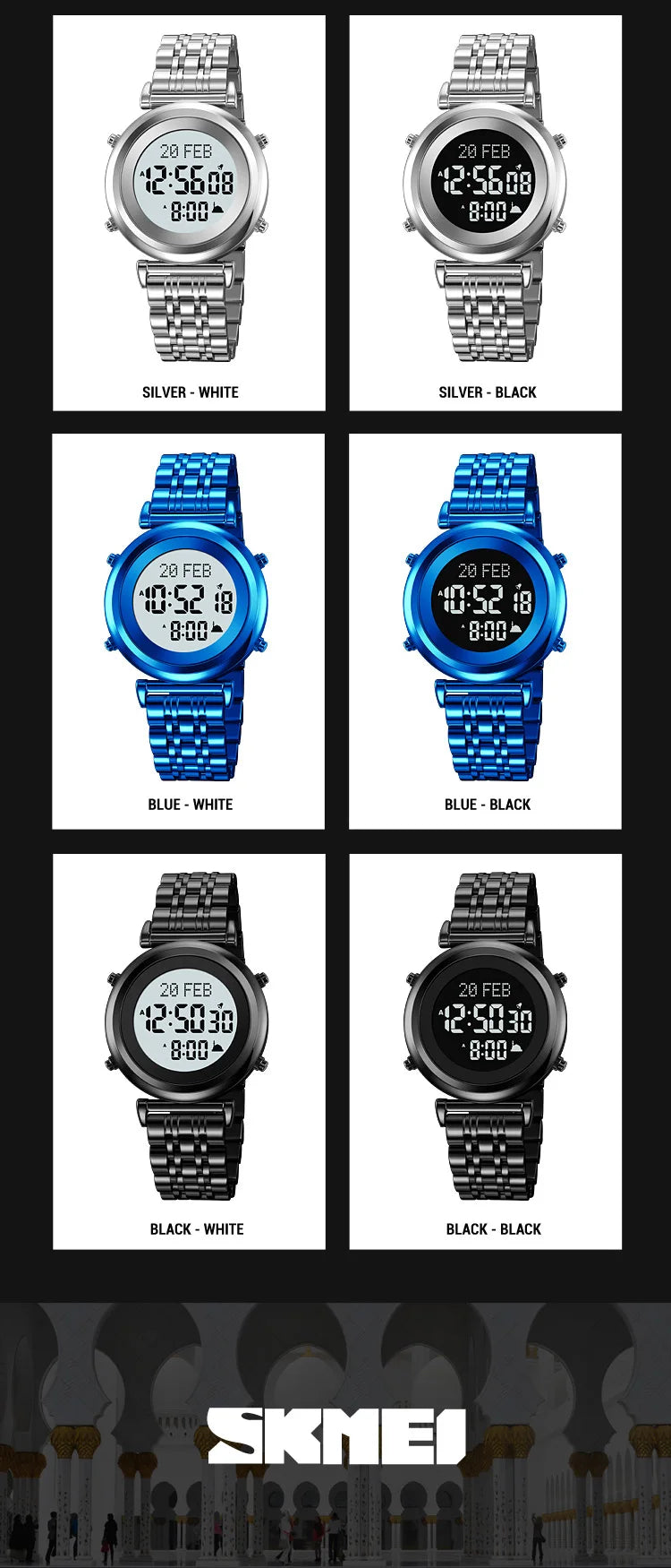 Muslim Azan Digital Watch Mens Back Light Waterproof Steel Hijri Islamic Wristwatch Prayer Qibla Compass Alarm Clock