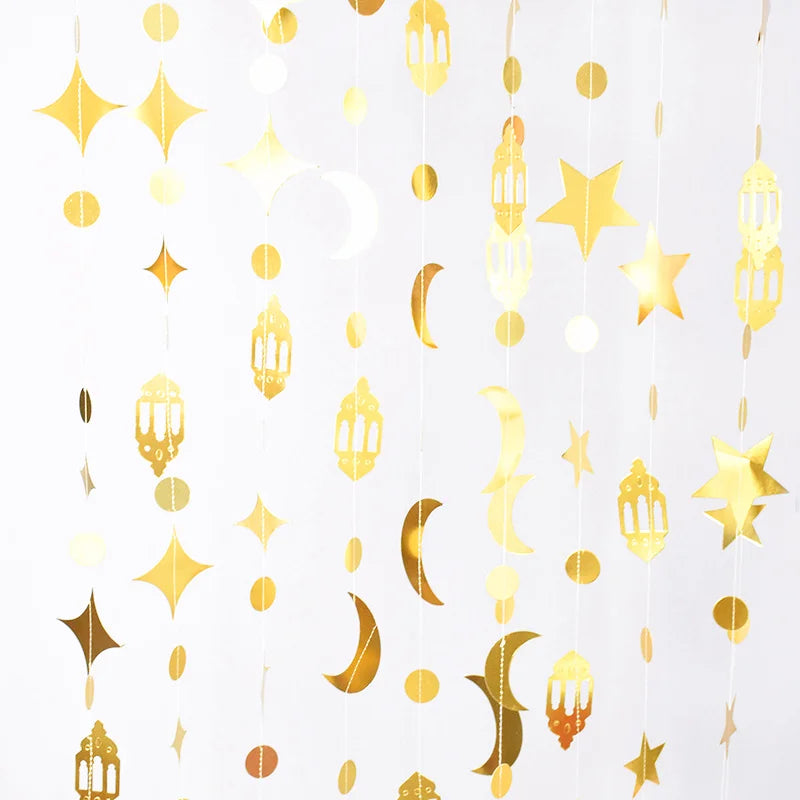 Gold Eid Mubarak Ramadan Decor Paper Star Moon Circle Dot Crescent Lamp Garland for Home Muslim Party Backdrop Banner Decoration