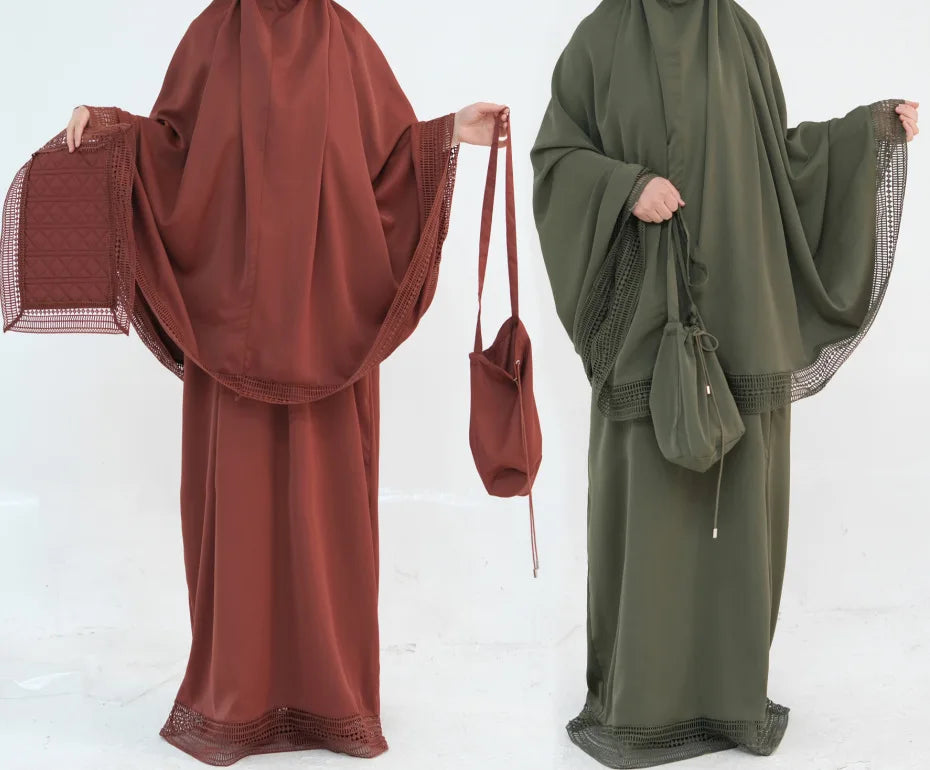 Muslim 4 Piece Set Women Skirts Headscarf Lace Storage Bag Prayer Pad Suit Eid Ramadan Morocco Dubai Hijab Long Skirt Outfits