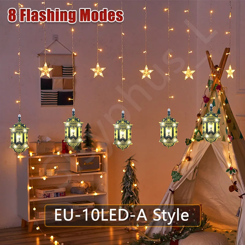 LED Moon and Star Window Curtain Lights USB Powered 8 Lighting Modes with Timer Function Ideal for Ramadan Thanksgiving