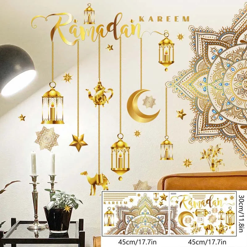 Ramadan Kareem Wall Stickers Moon Star Lantern Wall Decal 2024 Eid Mubarak Decorations for Home Muslim Islamic Party Decorations