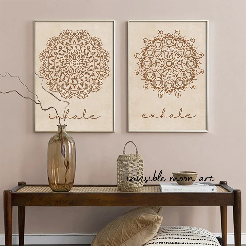 Abstract Mandala Flower Pattern Beige Bohemia Inhale Exhal Zen Art Posters Canvas Painting Wall Prints Pictures Room Home Decor