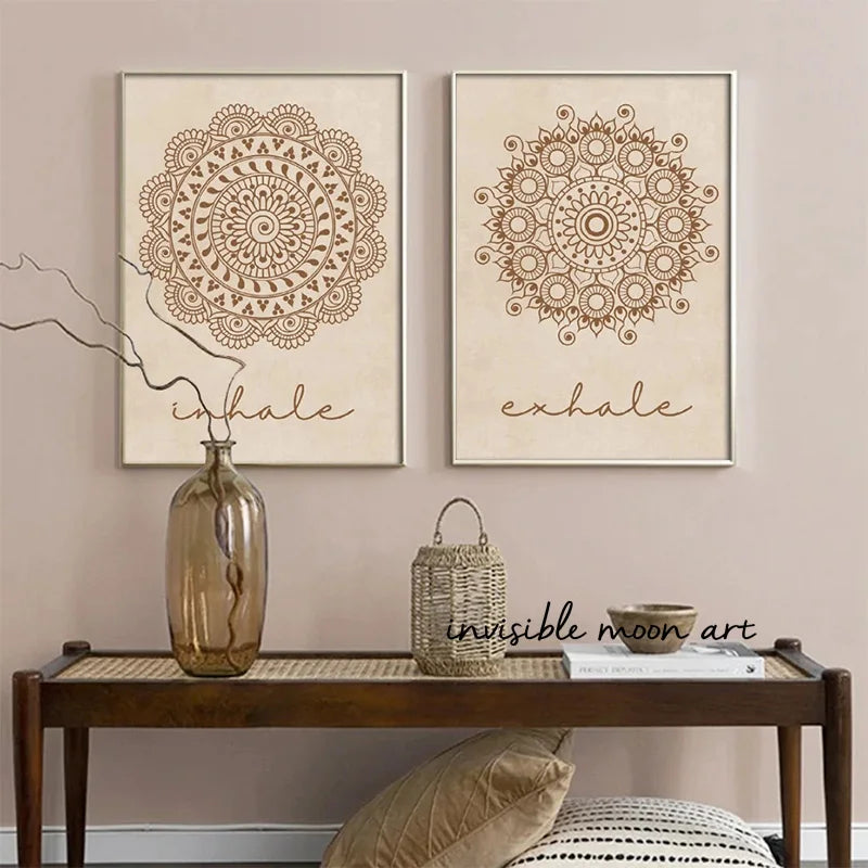Abstract Mandala Flower Pattern Beige Bohemia Inhale Exhal Zen Art Posters Canvas Painting Wall Prints Pictures Room Home Decor