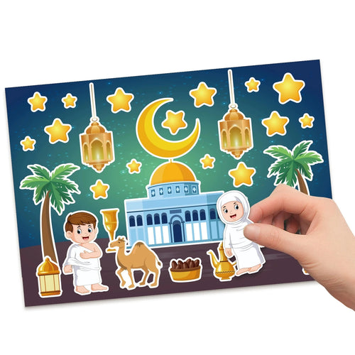 12Sheets Eid Mubarak DIY Stickers Kids Puzzle Game Toys Islam Muslim Party Supplies 2026 Ramadan Home Decoration Wall Sticker
