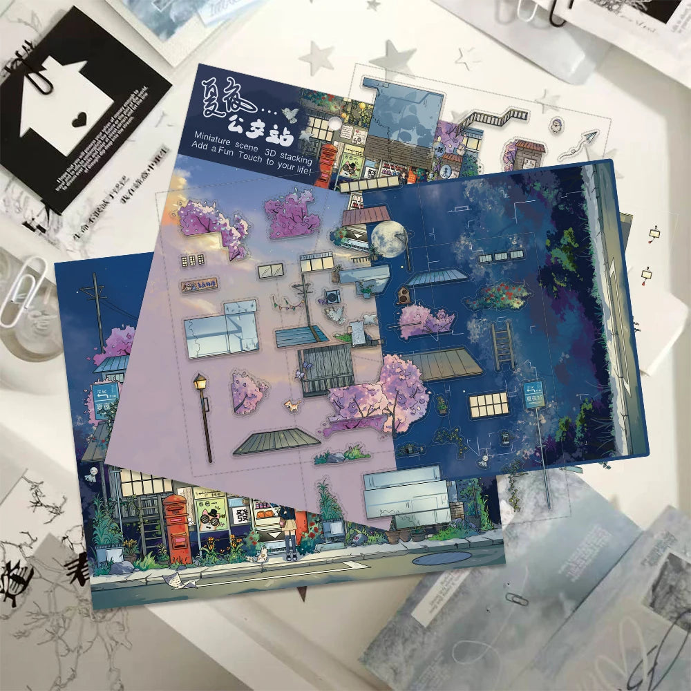 1 Set Miniature Scene DIY Stickers Summer Night Bus Stop Kit Desk Bookcase Decor Casual Play Toy For Art Lovers Holiday Present