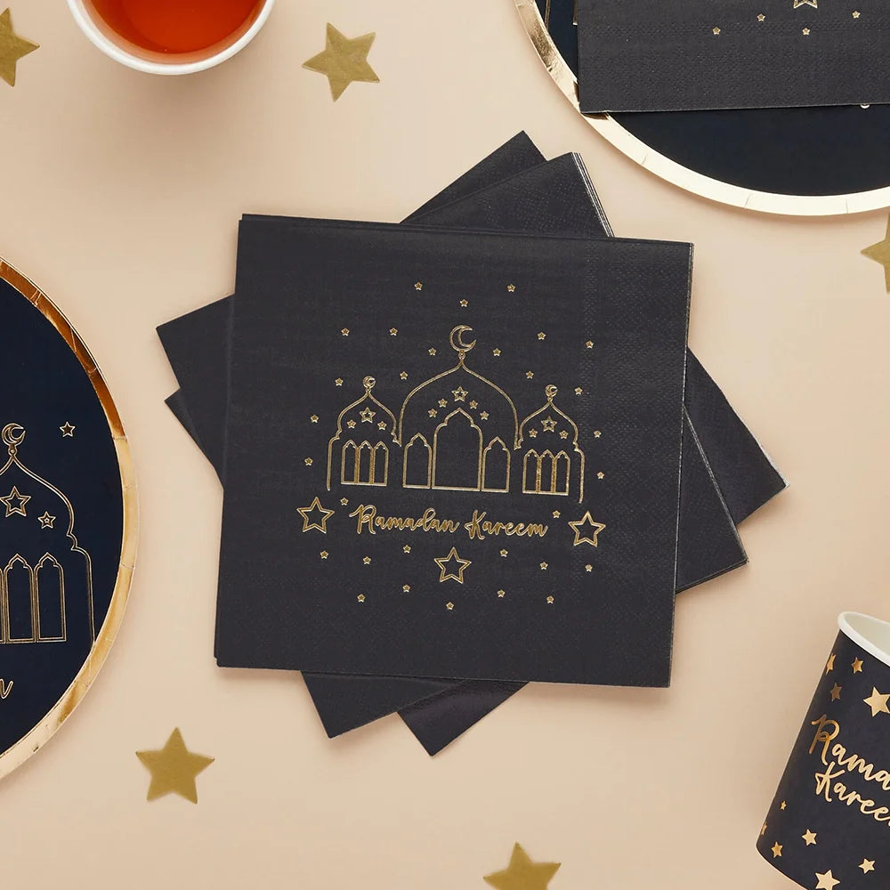 20 Sheets Ramadan Kareem Black Napkins Eid Celebration Party Table Decorations Islamic Holiday Home Accessories Muslim Supplies