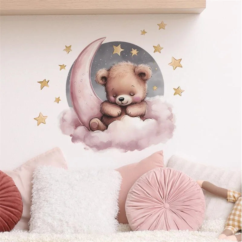 Self Adhesive Cartoon Star Good Night Little Bear On The Moon Wall Stickers For Children's Room Home Beautification Decoration