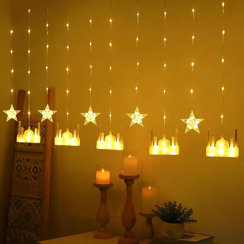 2026 Eid Al-Fitr Mubarak LED String Lights Moon Stars Curtain String Lights Islamic Ramadan Kareem Decoration for Home Garden
