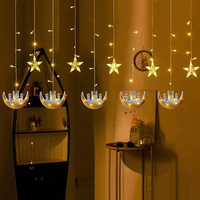 LED Moon and Star Window Curtain Lights USB Powered 8 Lighting Modes with Timer Function Ideal for Ramadan Thanksgiving