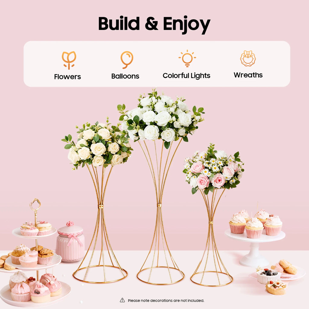 3PCS Hourglass-Shaped Golden Vase, Metal Wedding Centerpieces Vase, Flower Road Lead Stand for Table Wedding Party Banquet