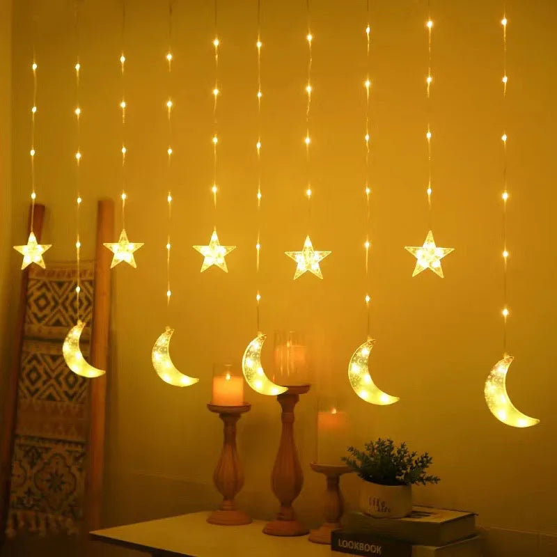 2026 Eid Al-Fitr Mubarak LED String Lights Moon Stars Curtain String Lights Islamic Ramadan Kareem Decoration for Home Garden