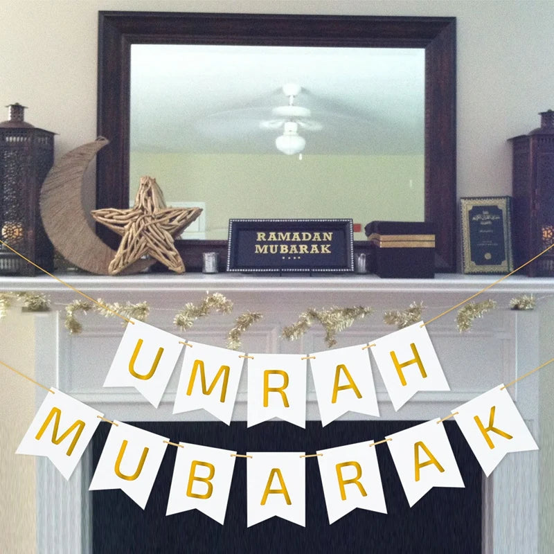 Umrah Mubarak Banners EID Mubarak Decoration 2025 for Home Bunting Banner Ramadan Kareem Islamic Muslim Party Eid Al Adha Gifts
