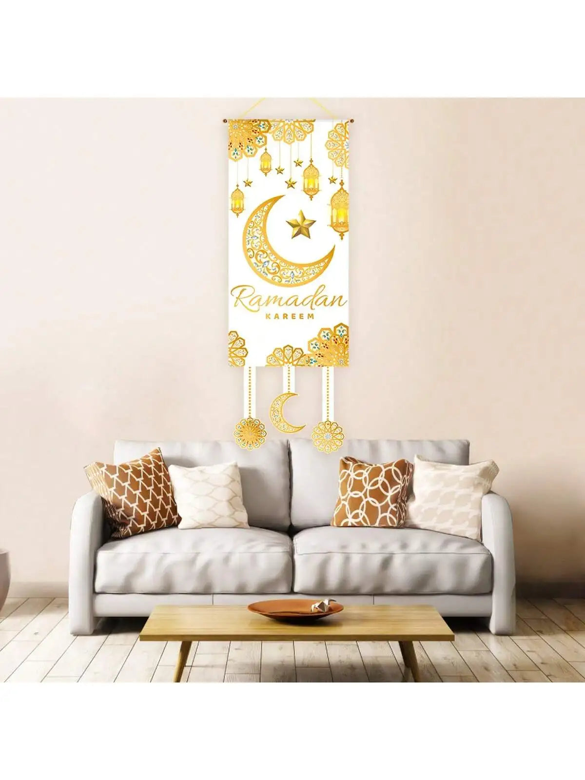 1Pc Ramadan Kareem Decorative Door Hanging Golden Star and Moon Lantern Flag Muslim Festival Party Decoration Banner Home Doorway Decorative Cloth