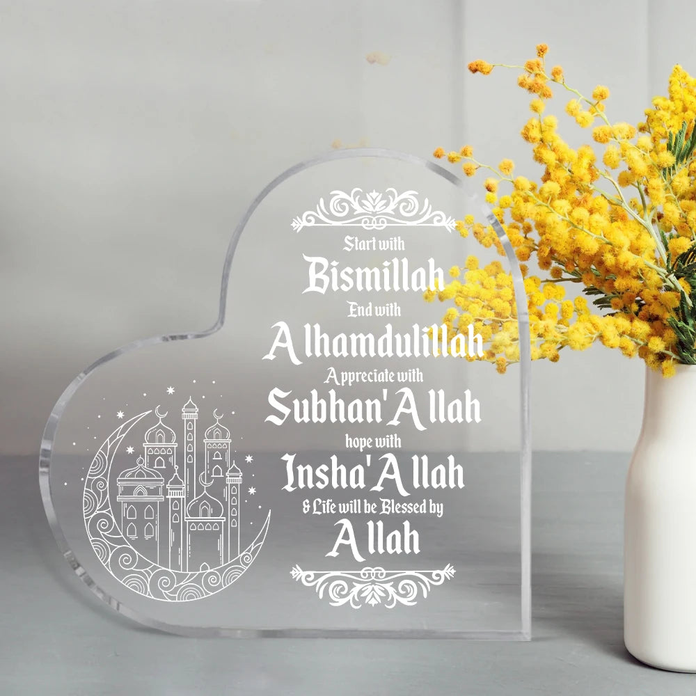 1pc Islamic Acrylic Desktop Decor Ornament - Heart Shaped Elegant Eid Mubarak Logo With Arabic Ramadan Theme - Inspirational