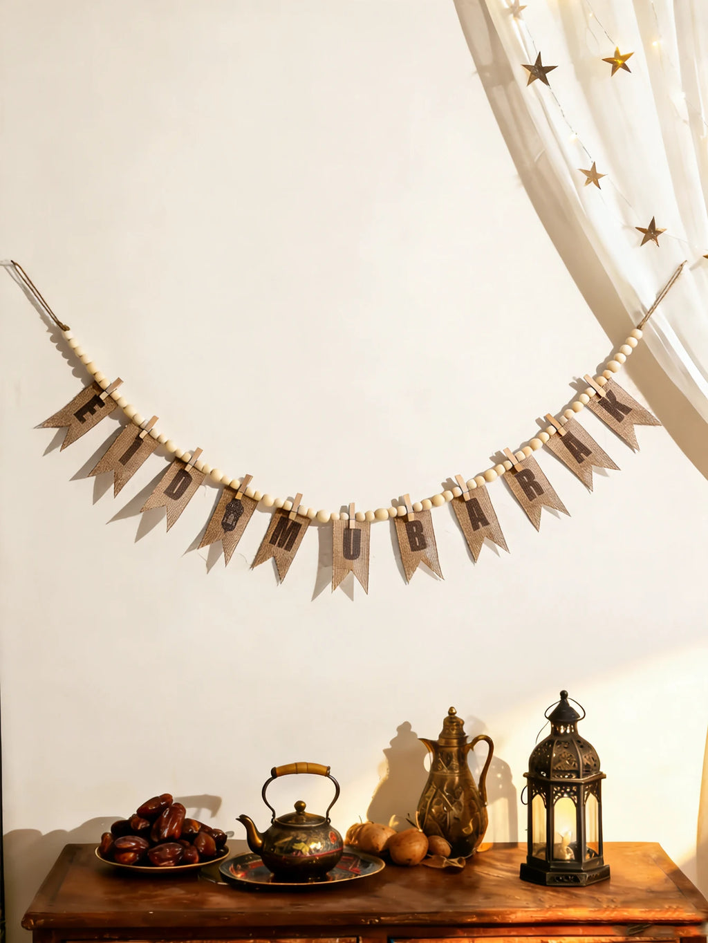 Eid Mubarak Burlap Banner Garland Wooden Bead Clothespin Hanging Ornaments for Muslim Festival Home Party Wall Window Decor Gift