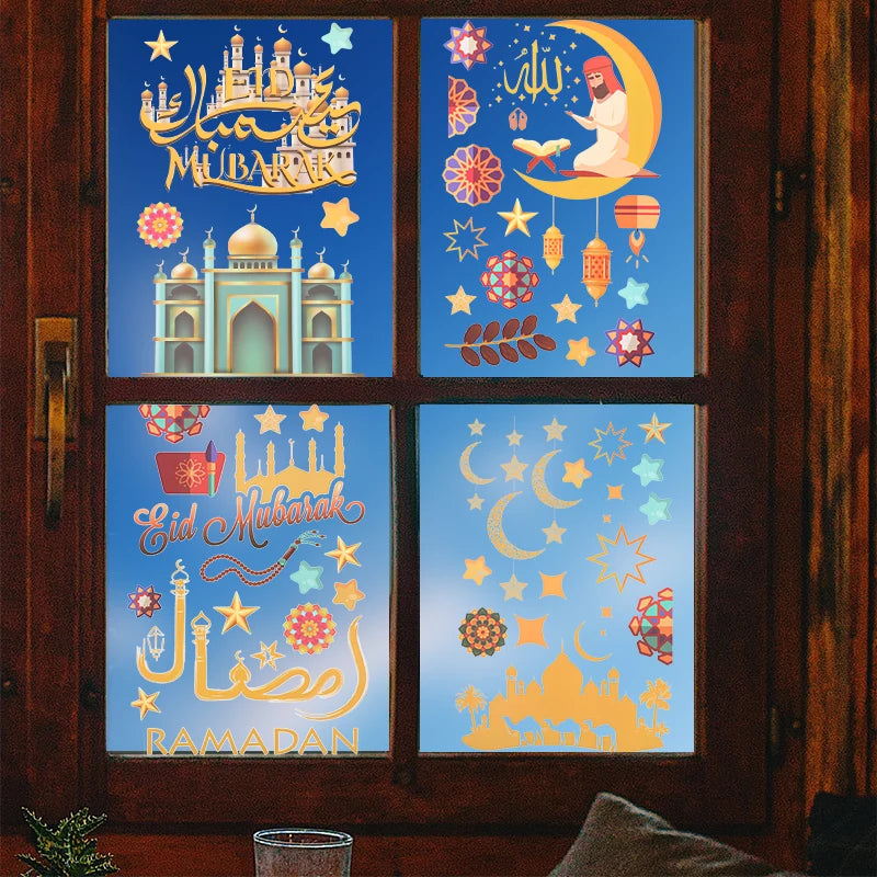 9pcs Eid Mubarak Window Stickers Islamic Muslim Party Supplies Ramadan Kareem Decoration for Home Eid Al-fitr Gifts
