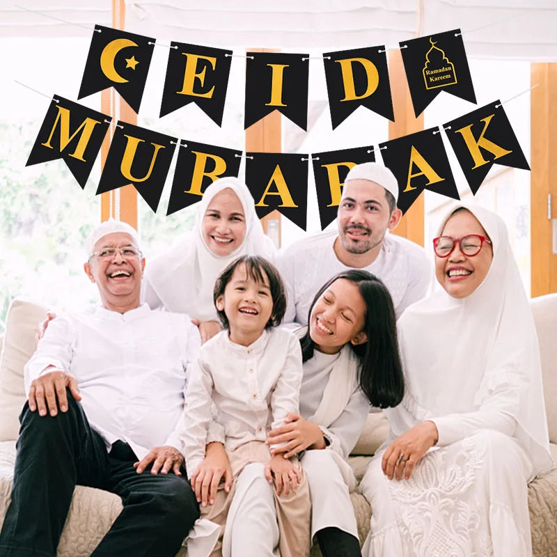 EID Mubarak Banner Glitter Star Moon Letter Paper Bunting Garland Islamic Muslim Party Ramadan Kareem Decorations for Home 2026