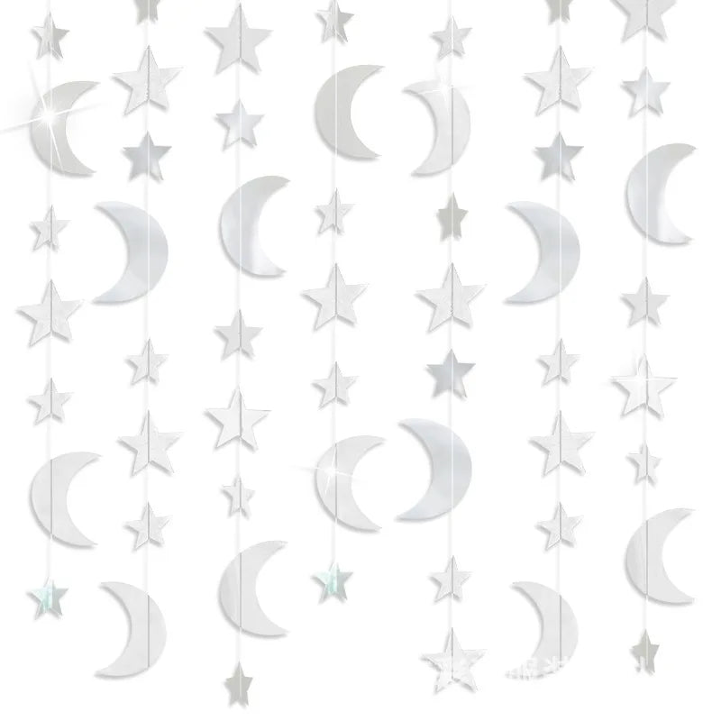 Gold Silver Moon Star Hanging Banner String Garland for Ramadan EID Kids Birthday Baby Shower Home Decorations