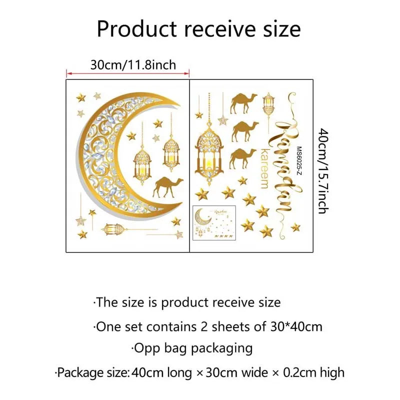 Ramadan Kareem Wall Stickers Moon Star Lantern Wall Decal 2024 Eid Mubarak Decorations for Home Muslim Islamic Party Decorations