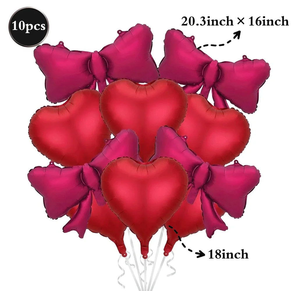 Red Heart-Shaped Balloon Metallic Burgundy Bow Balloon Set 10pcs Heart Foil Balloon Valentine's Day Wedding Birthday Party Decor