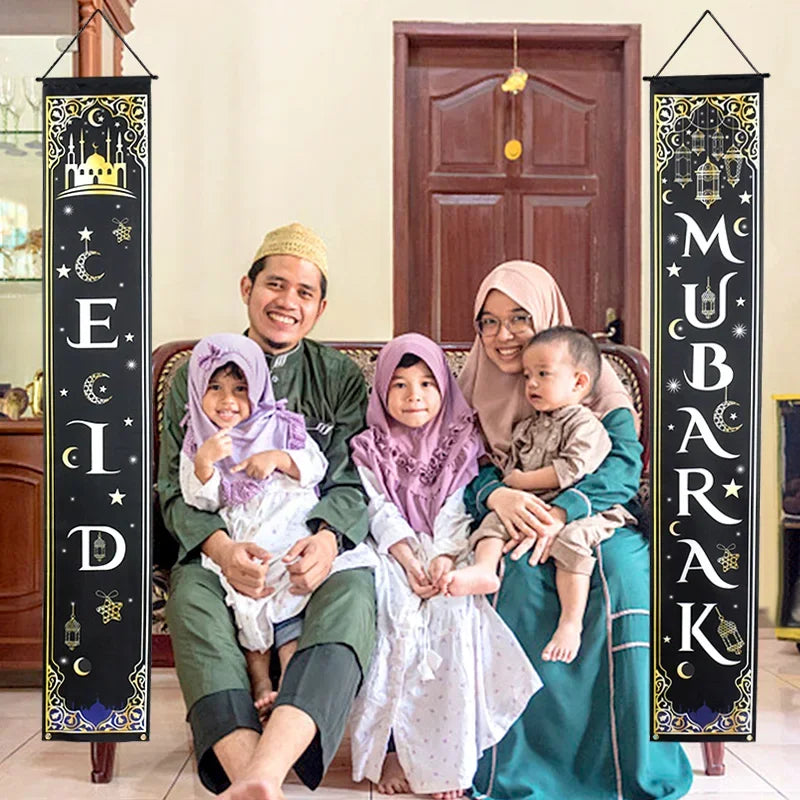 Ramadan Celebration Door Curtain with Eid Mubarak Garland Banner for Islamic Home Decoration Festival Party Supplies