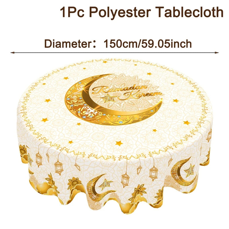 Eid Mubarak Tablecloth Round Table Cover for Home Dinning Islamic Muslim Party Supplies Ramadan Decoration 2026 Eid Al Adha Gift