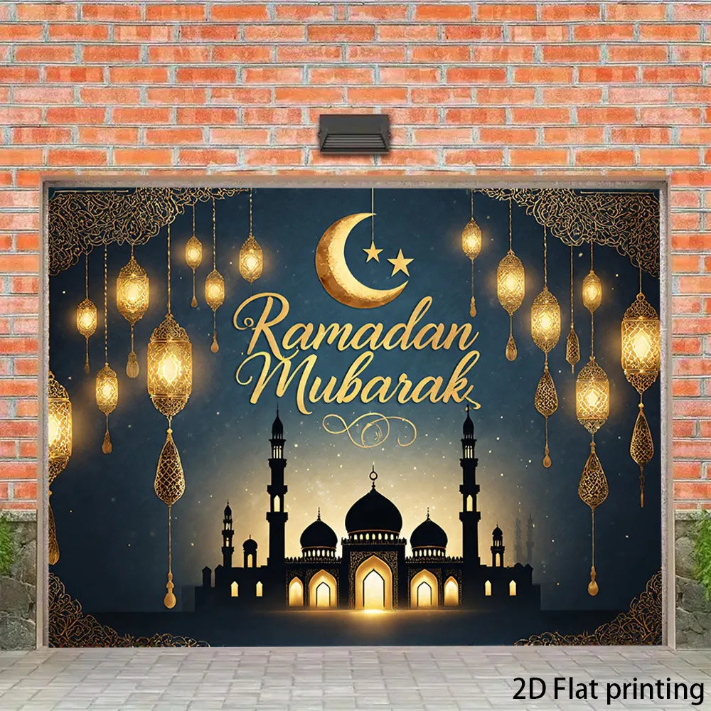 1pc2DflatRamadan Mubarak Moon and Stars Banner ，With gold lanterns，New Moon and Star Design，No Power Supply Required