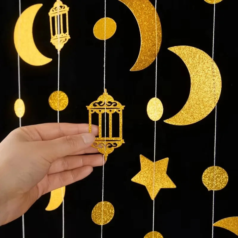 Gold Star Moon Circle Dot Crescent Lamp Eid Paper Garland Gold Mubarak Ramadan Streamer Backdrop Muslim Party Banner Decorations