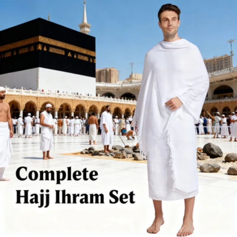 Men’s Hajj & Umrah Ihram 2-Piece Set Solid White Pilgrimage Suit