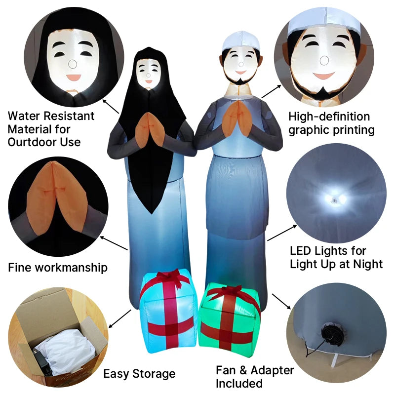 6FT Ramadan Muslim Themed Inflatable Praying Figure Decor Blue Outfit Crescent Lantern Islamic Ramadan Inflatable For Yard