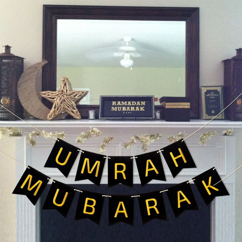 Umrah Mubarak Banners EID Mubarak Decoration 2025 for Home Bunting Banner Ramadan Kareem Islamic Muslim Party Eid Al Adha Gifts
