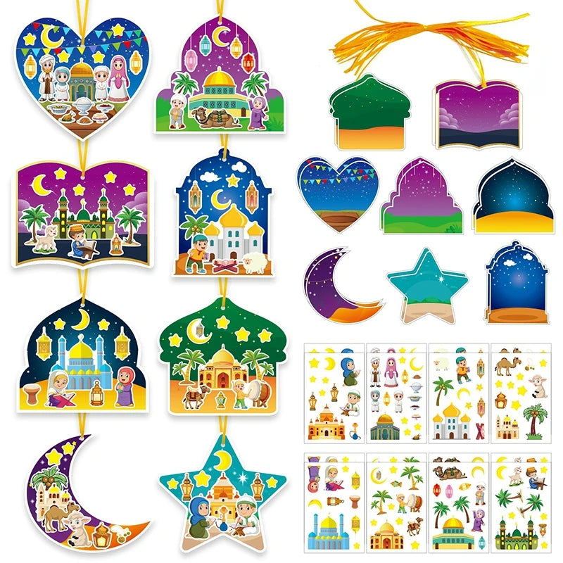 Ramadan DIY Moon Stickers Eid Al-Fitr Festival Stickers with Backdrop Scene DIY Decoration Party Supplies