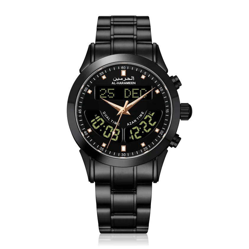 AL Harameen 6102FBB Azan Watch Islamic Prayer Alarm time for all Muslim Man's Stainless Steel Business Watch