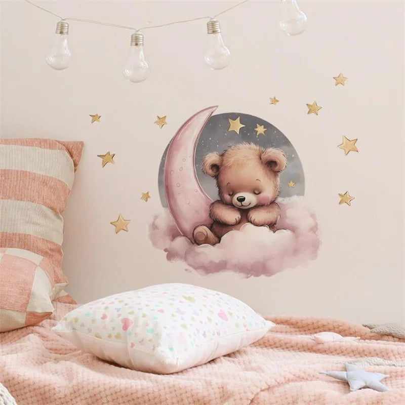 Self Adhesive Cartoon Star Good Night Little Bear On The Moon Wall Stickers For Children's Room Home Beautification Decoration