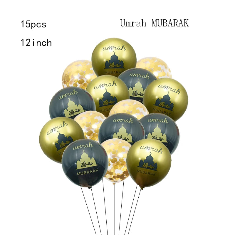 Black Gold Umrah Mubarak Latex Foil Balloon Eid Mubarak Islamic Muslim Ramadan Kareem Festival Party  Eid al Adha Decor Supplies