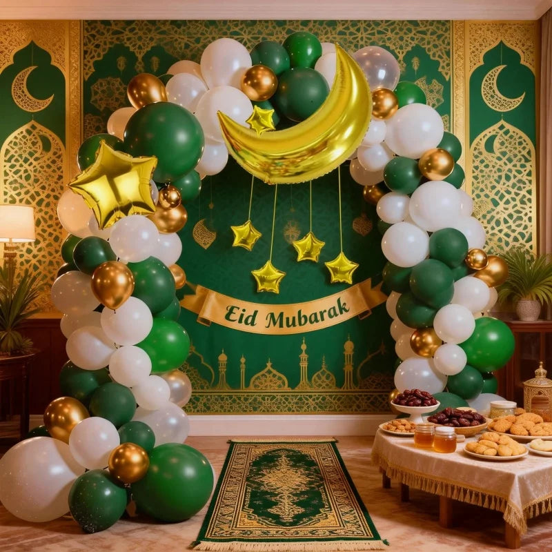 106Pcs Eid Mubarak Balloon Arch Kit, Dark Green Platinum Latex Balloons, with Moon Star Foil Balloon Decorations, for Ramadan Festival Party Decorations Eid Celebration Decorations